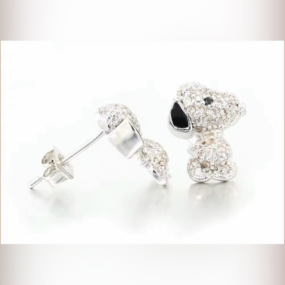 18K White Gold (Rhodium Plated) Snoopy Peanuts Theme Pave Inlay Earrings - Picture 1 of 6